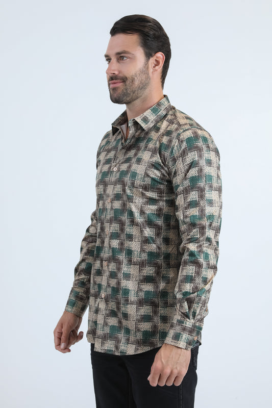 dark brown subtle geometric foil shirt men platini detail