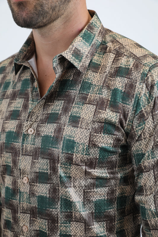 dark brown subtle geometric foil shirt men platini detail