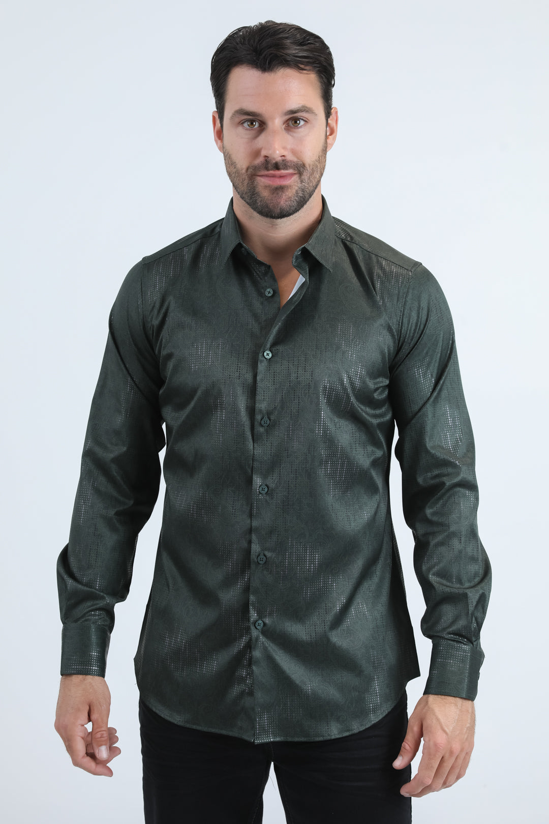 Mens Modern Fit Stretch Foil Fashion Green Shirt