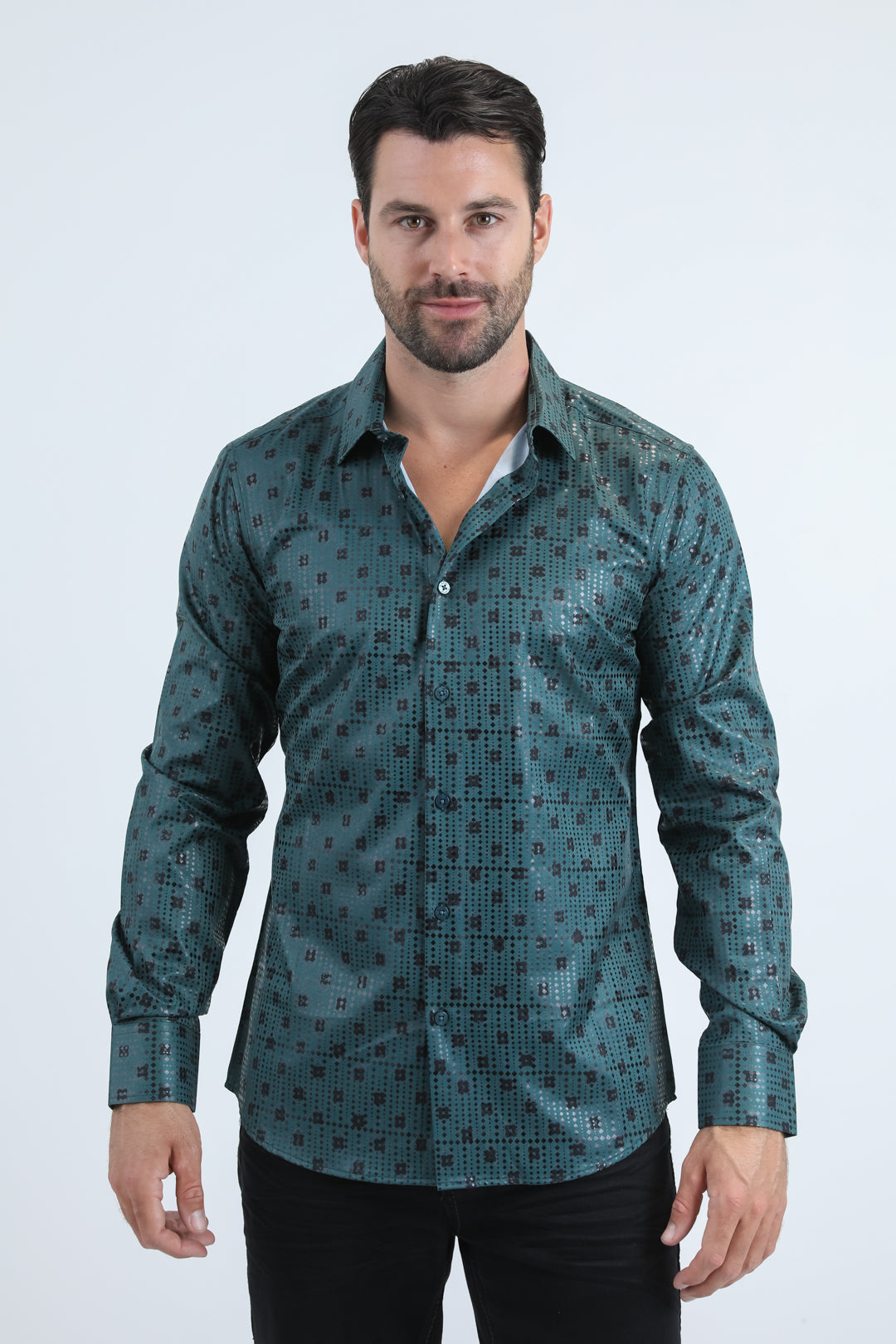 Mens Modern Fit Stretch Foil Fashion Green Shirt