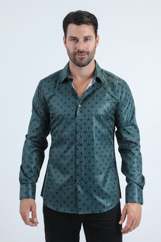 Mens Modern Fit Stretch Foil Fashion Green Shirt