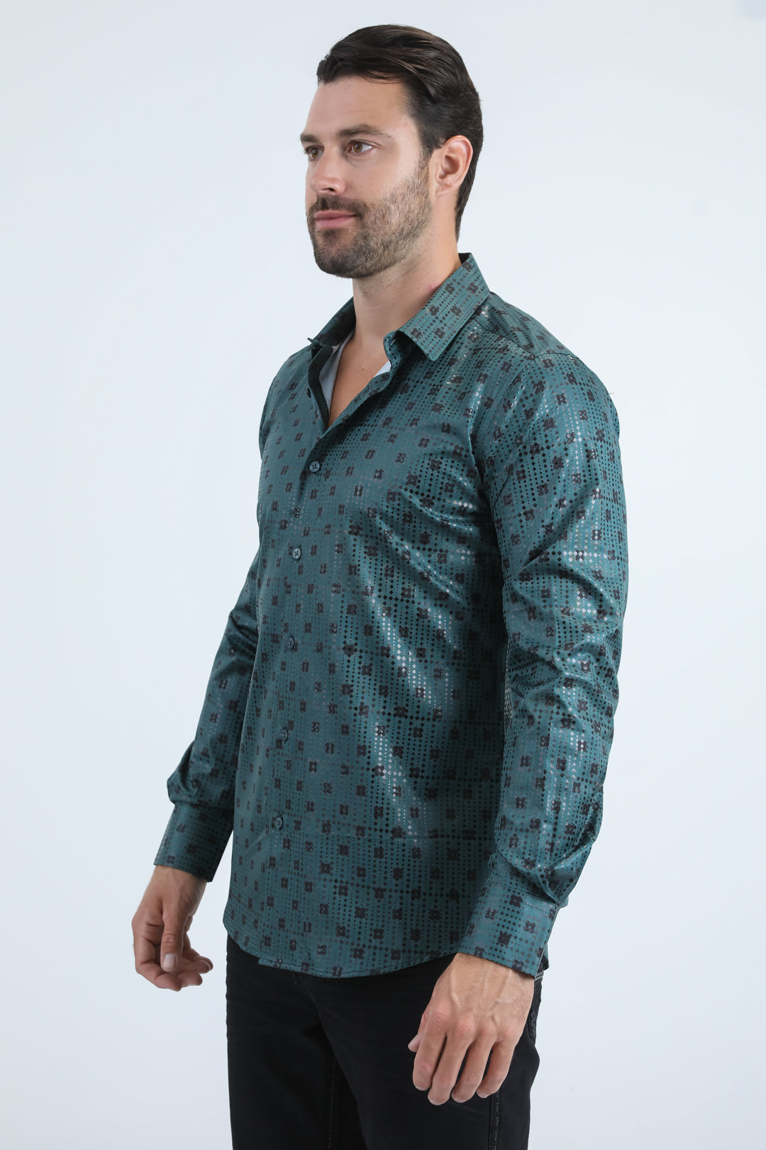 Mens Modern Fit Stretch Foil Fashion Green Shirt