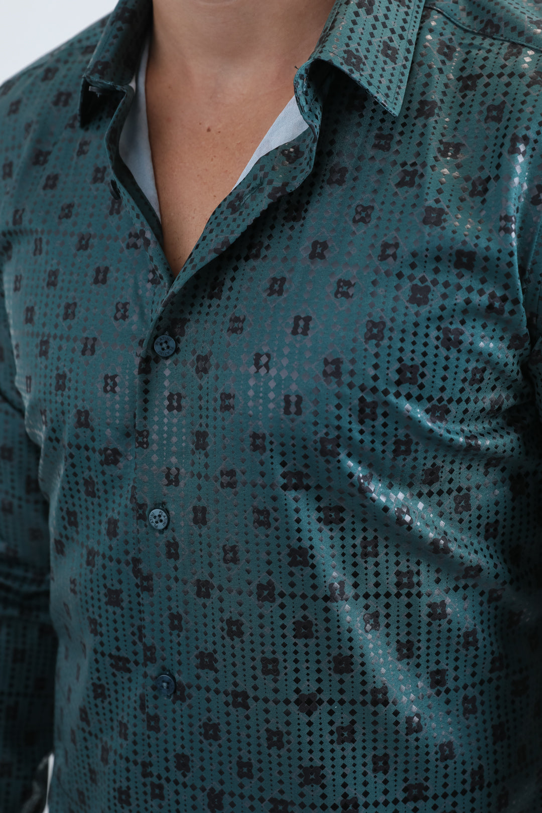 Mens Modern Fit Stretch Foil Fashion Green Shirt