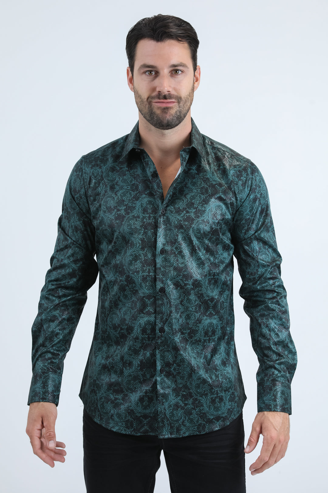 Mens Modern Fit Stretch Foil Fashion Green Shirt