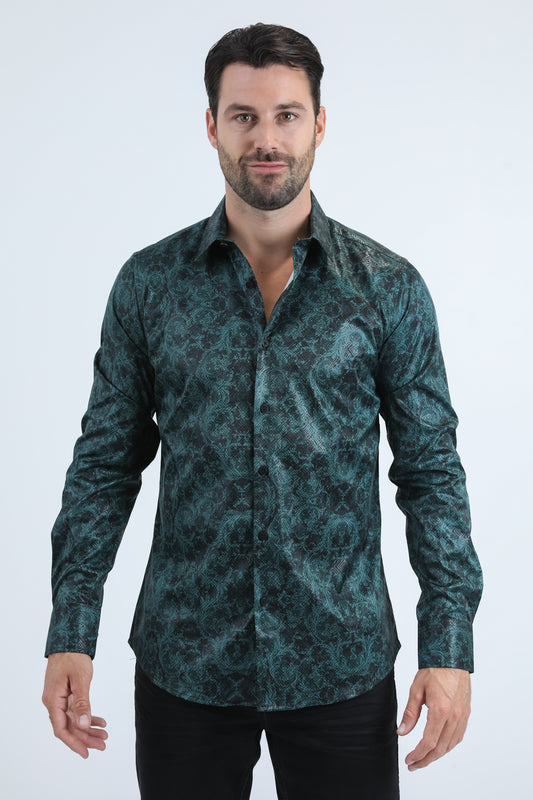 Mens Modern Fit Stretch Foil Fashion Green Shirt