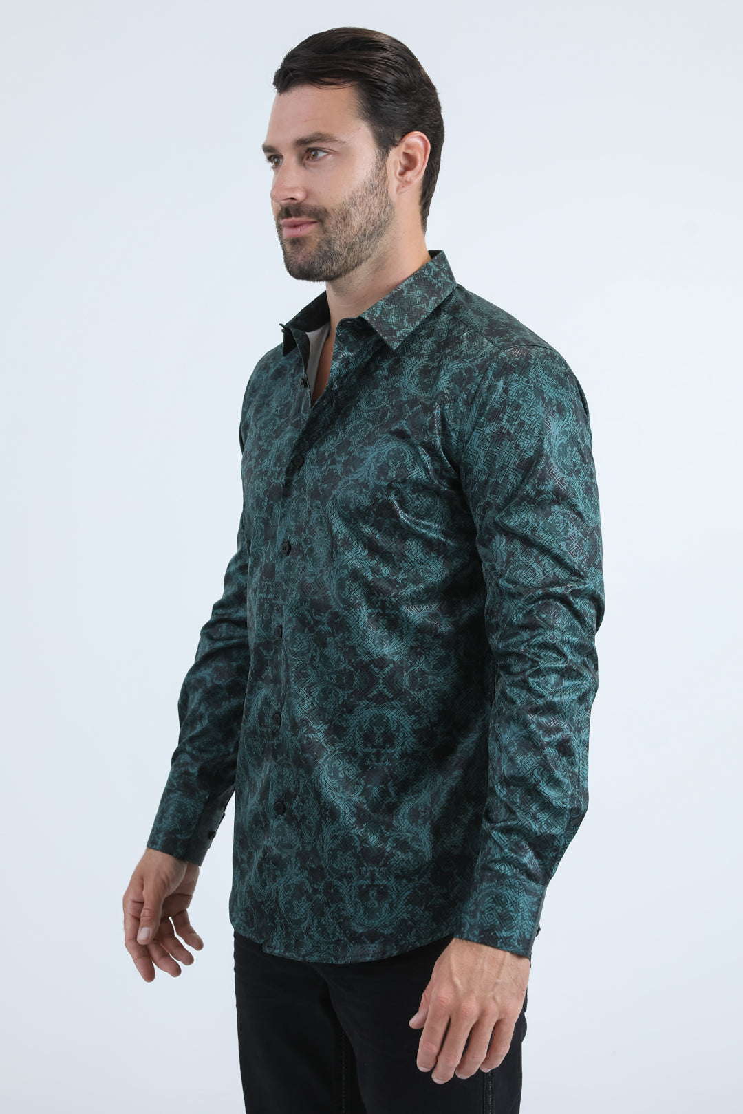 Mens Modern Fit Stretch Foil Fashion Green Shirt