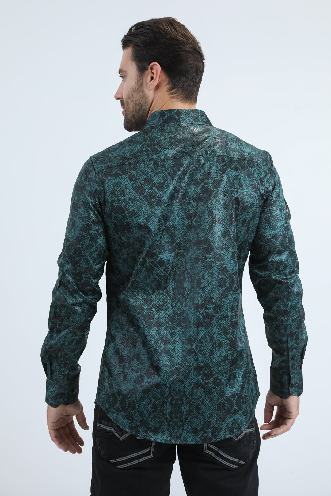 Mens Modern Fit Stretch Foil Fashion Green Shirt