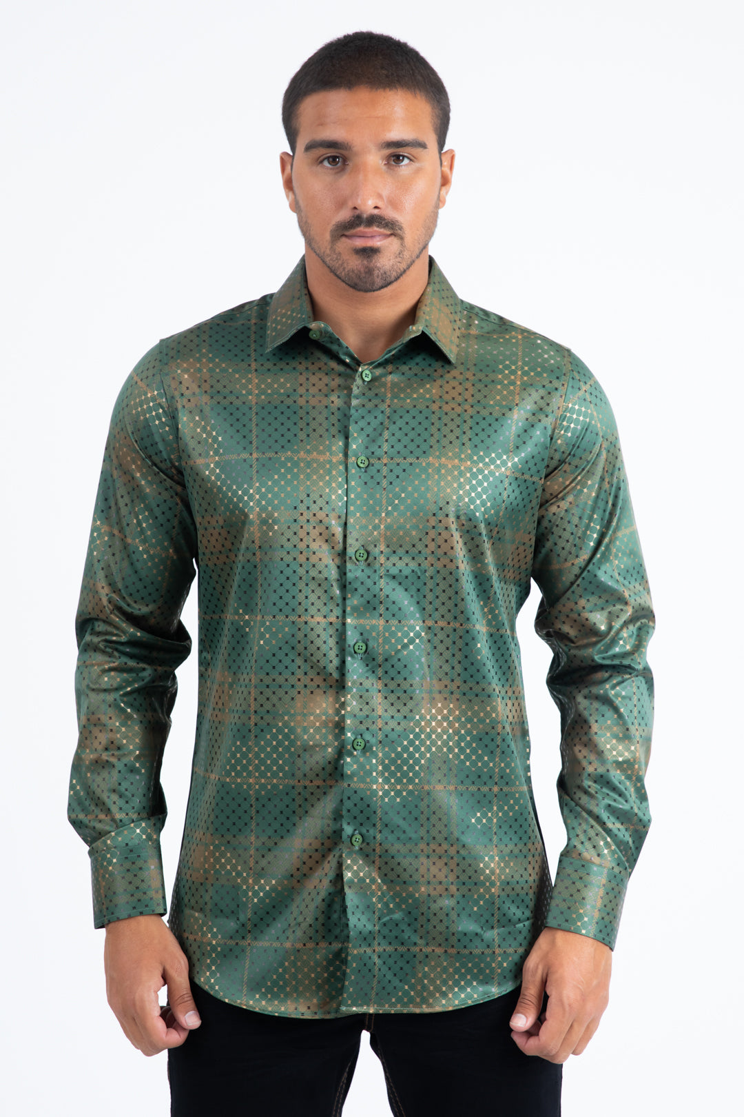 Green Modern Fit Stretch Foil Fashion Shirt Men