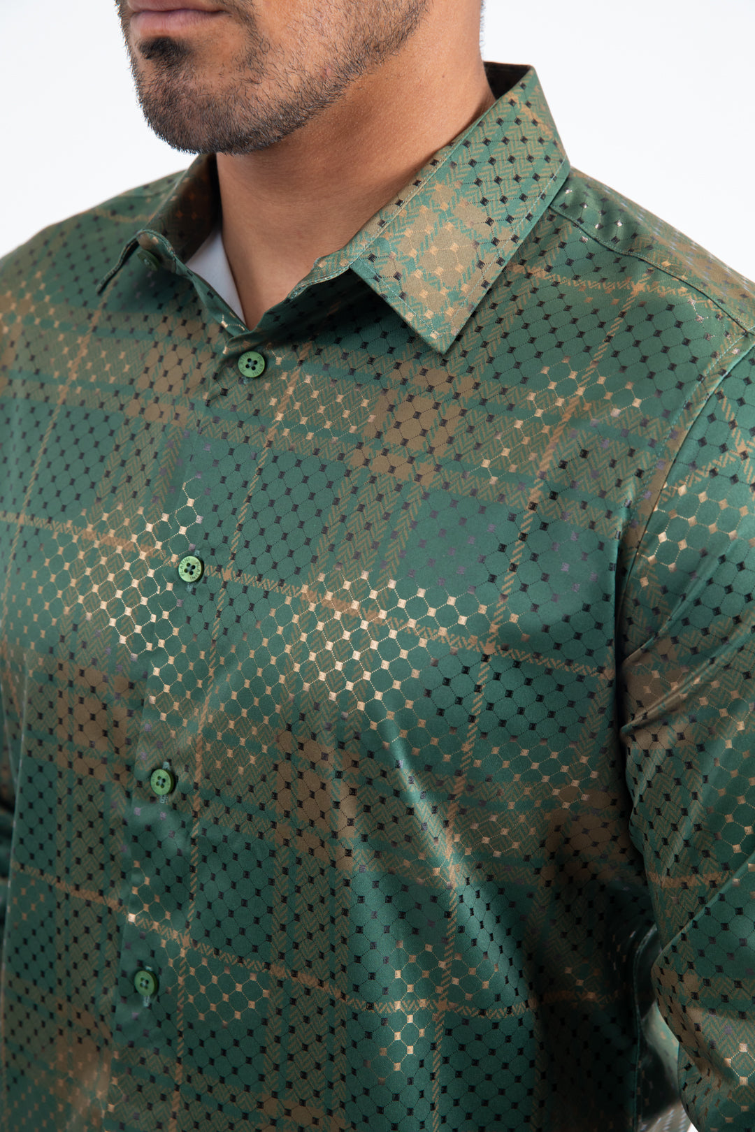 Green Modern Fit Stretch Foil Fashion Shirt Men