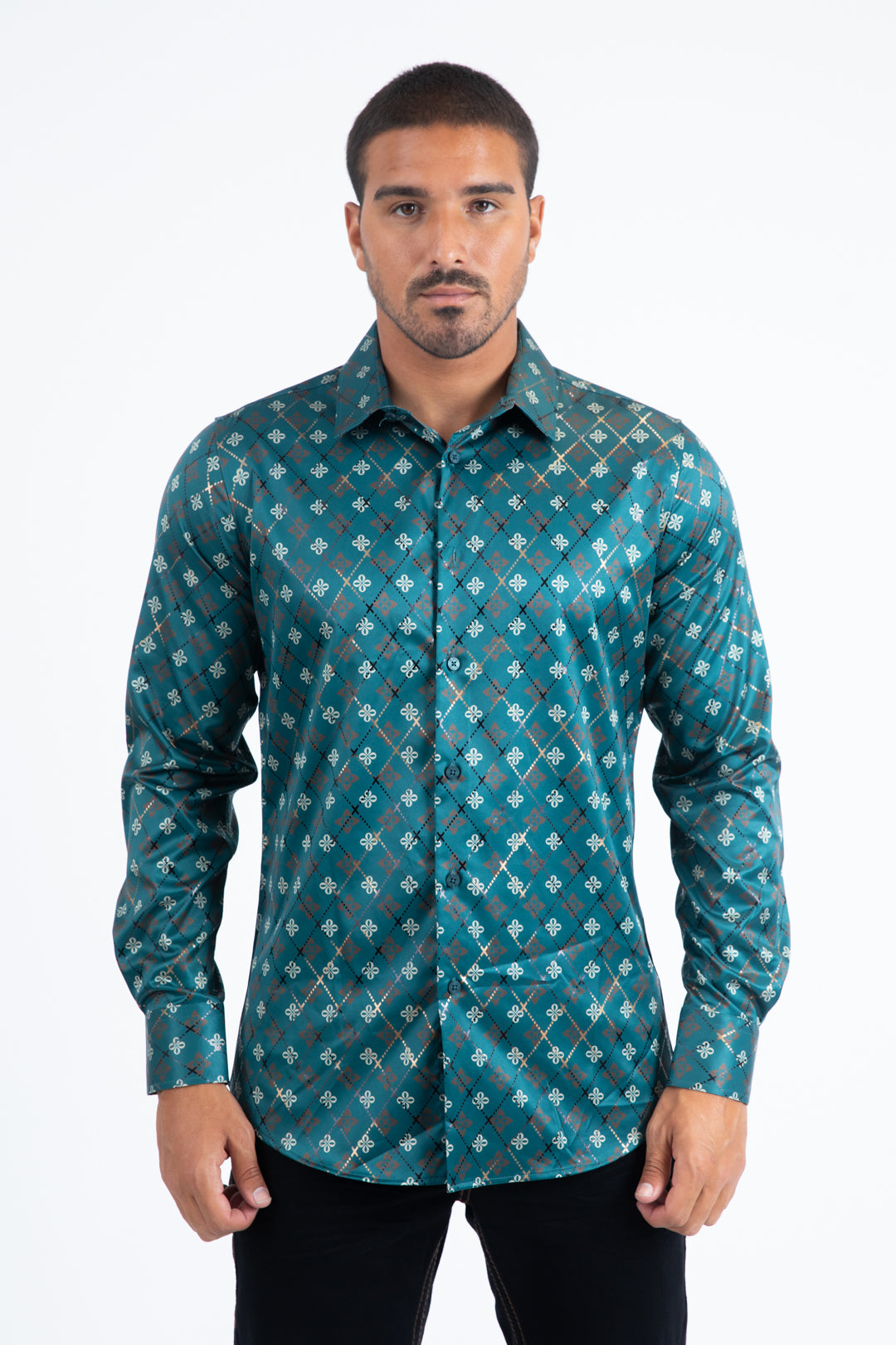 Green Modern Fit Stretch Foil Fashion Shirt Men
