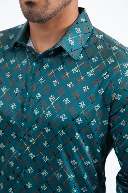 Green Modern Fit Stretch Foil Fashion Shirt Men