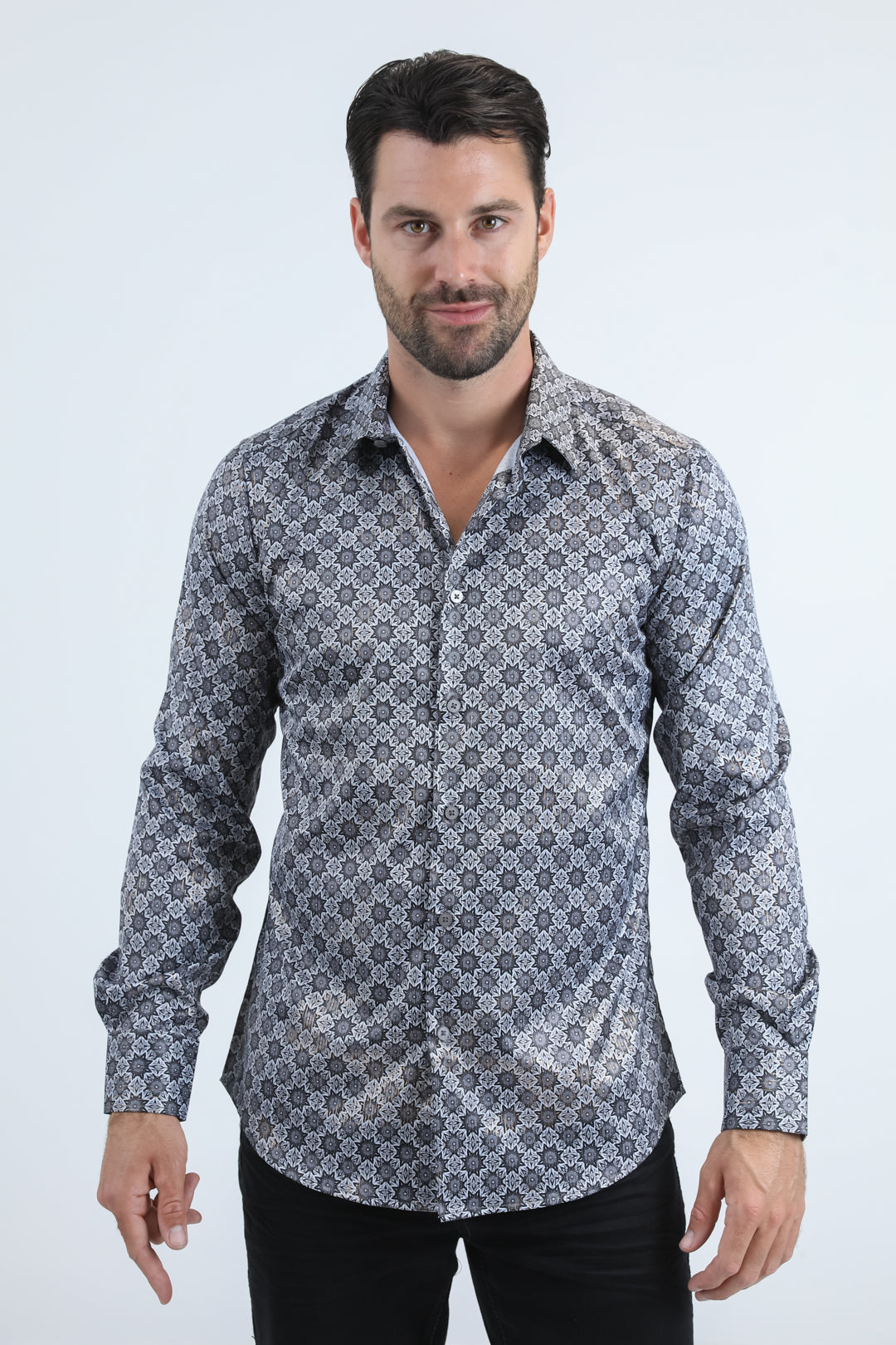 Mens Modern Fit Stretch Foil Fashion Grey Shirt