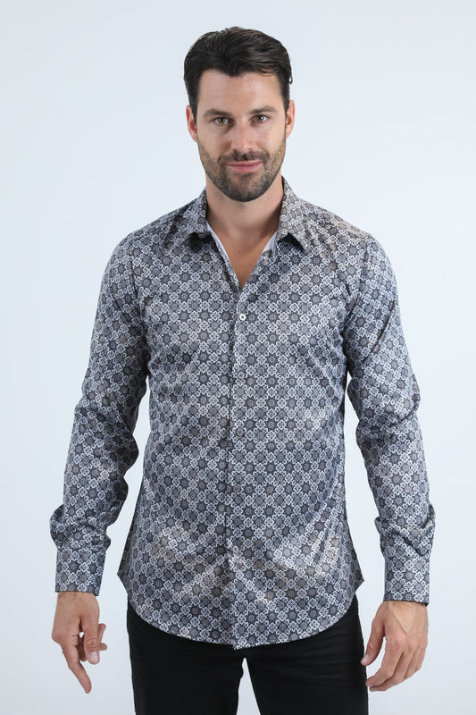 Mens Modern Fit Stretch Foil Fashion Grey Shirt