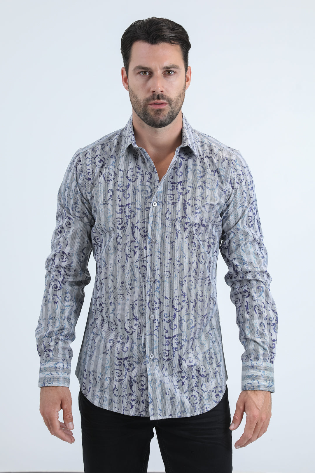 Mens Modern Fit Stretch Foil Fashion Grey Shirt