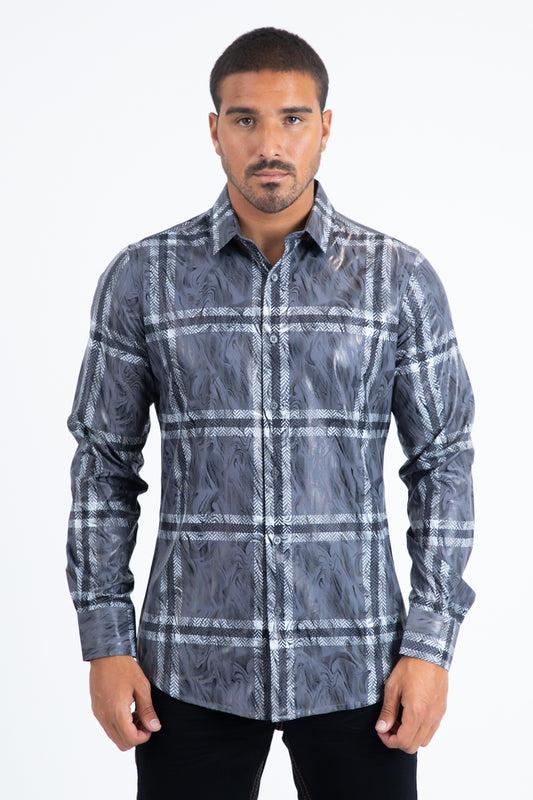 Grey Modern Fit Stretch Foil Fashion Shirt Men