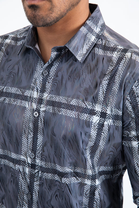 Grey Modern Fit Stretch Foil Fashion Shirt Men