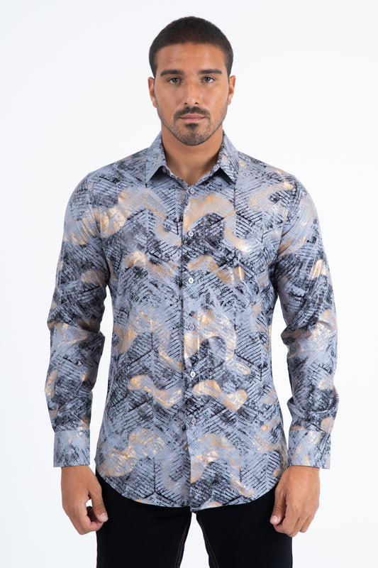 Grey Modern Fit Stretch Foil Fashion Shirt Men