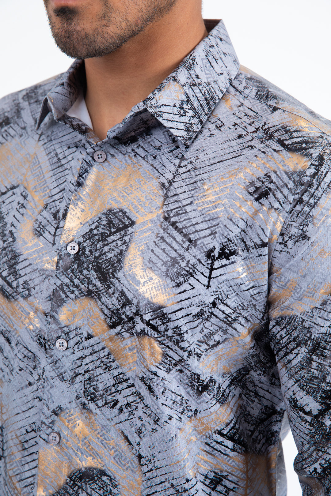 Grey Modern Fit Stretch Foil Fashion Shirt Men