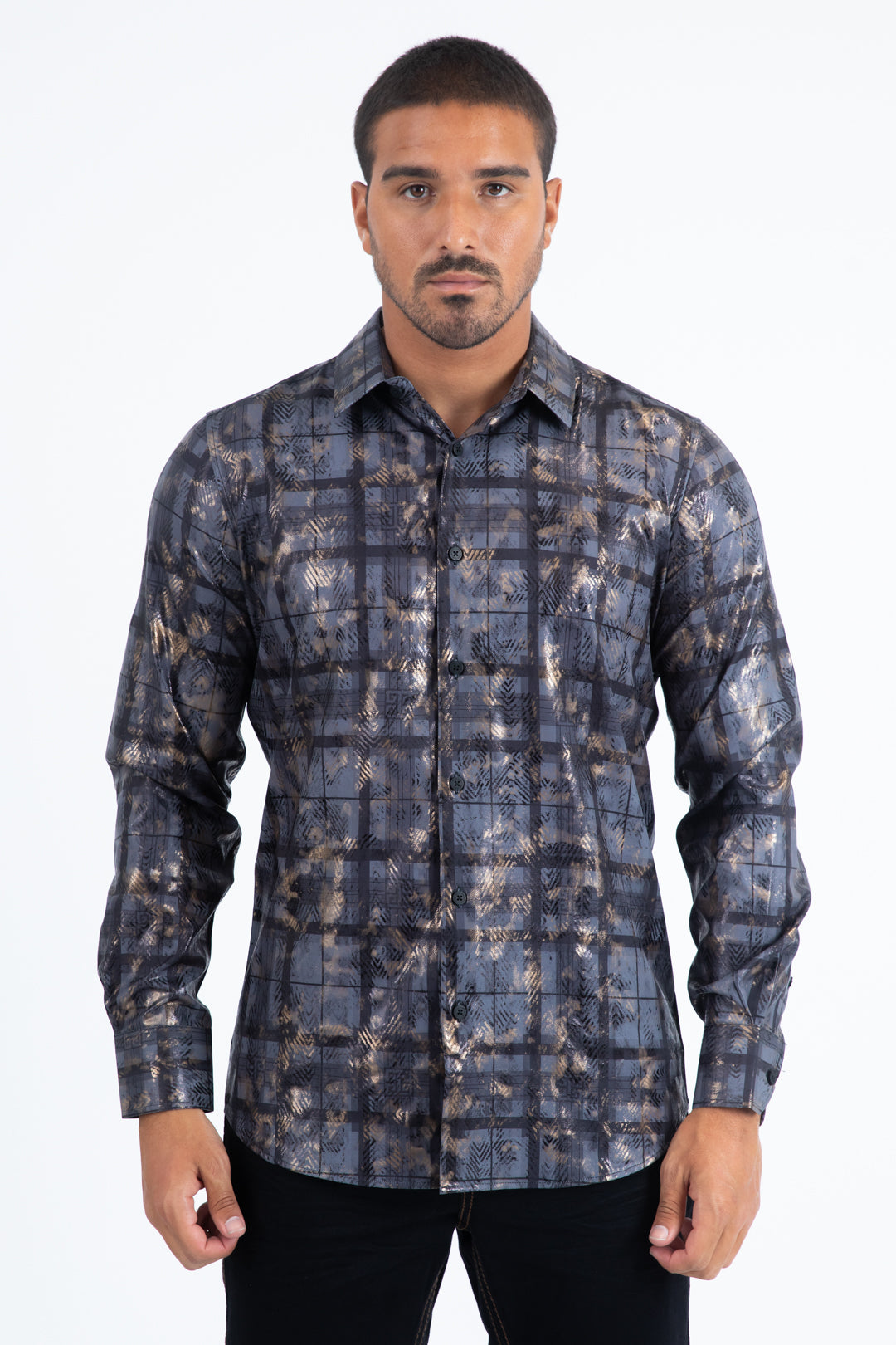 Grey Modern Fit Stretch Foil Fashion Shirt Men