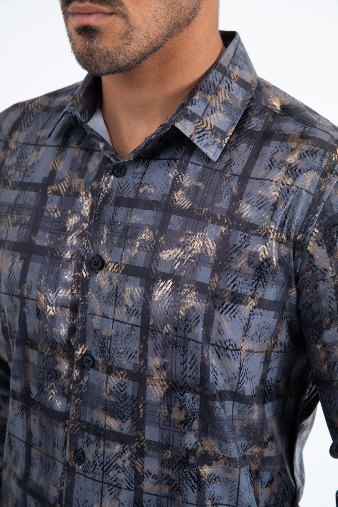 Grey Modern Fit Stretch Foil Fashion Shirt Men