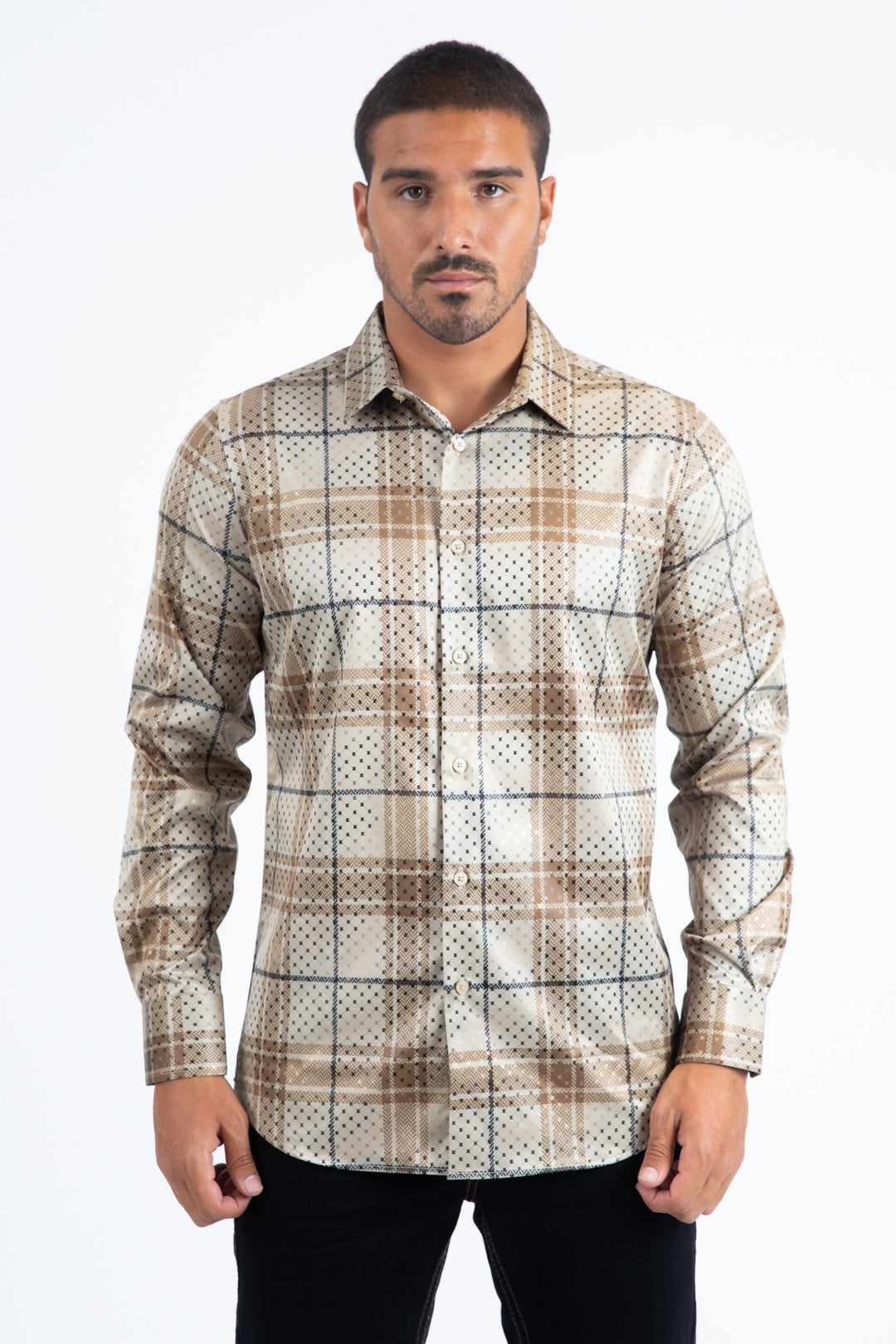 Khaki Modern Fit Stretch Foil Fashion Shirt Men