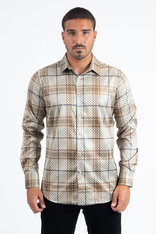 Khaki Modern Fit Stretch Foil Fashion Shirt Men