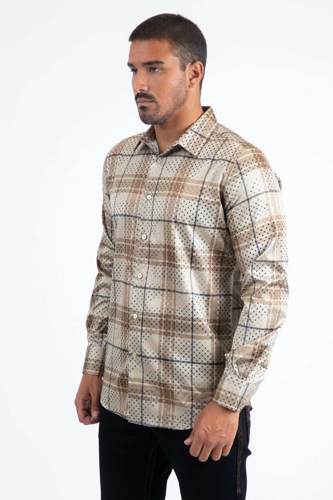 Khaki Modern Fit Stretch Foil Fashion Shirt Men