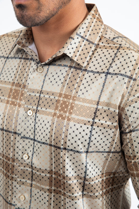 Khaki Modern Fit Stretch Foil Fashion Shirt Men