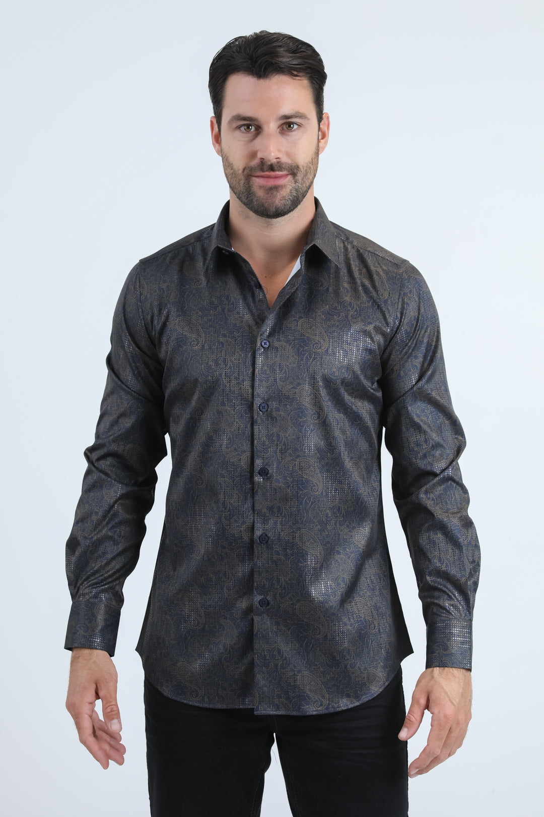 Mens Modern Fit Stretch Foil Fashion Navy Shirt