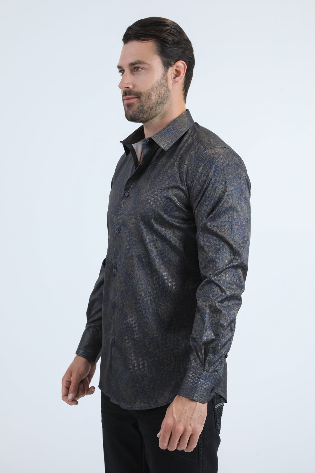 Mens Modern Fit Stretch Foil Fashion Navy Shirt