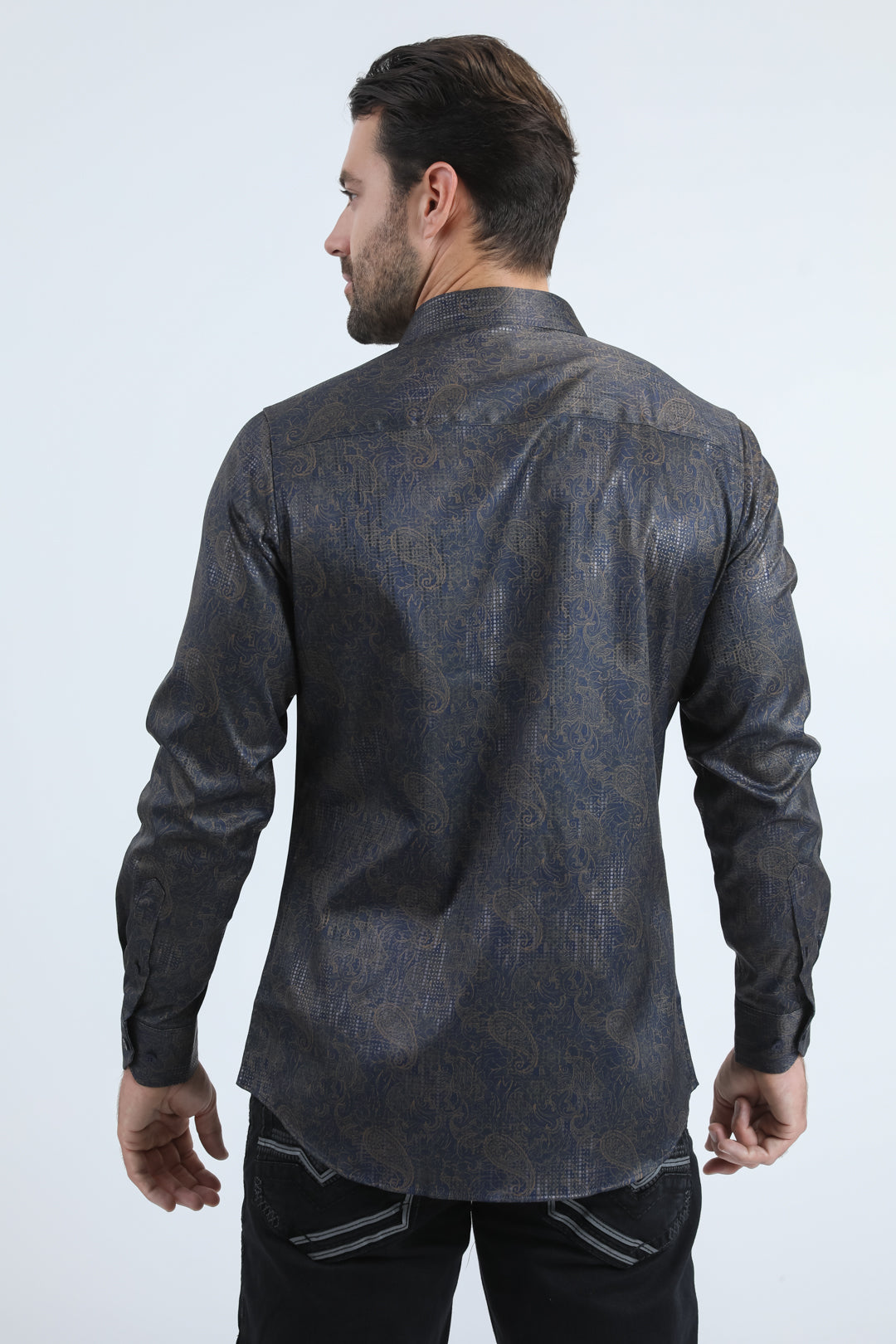 Mens Modern Fit Stretch Foil Fashion Navy Shirt