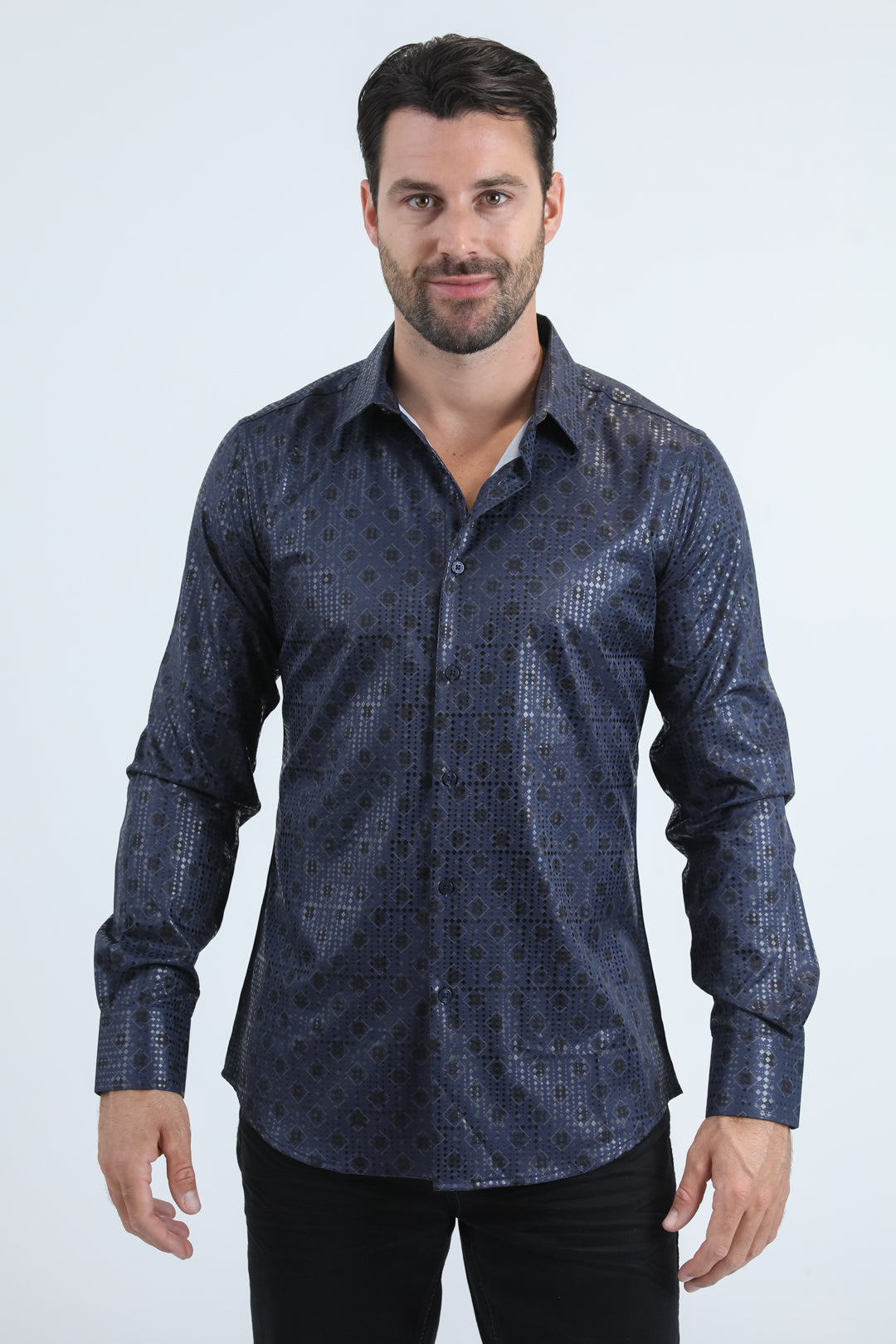 Mens Modern Fit Stretch Foil Fashion Navy Shirt