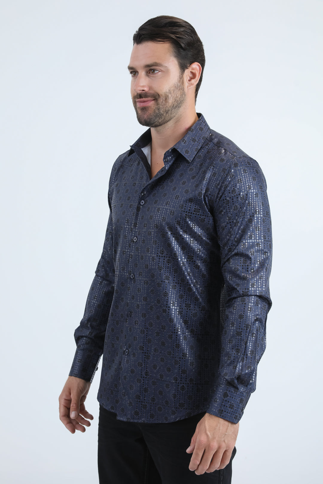 Mens Modern Fit Stretch Foil Fashion Navy Shirt