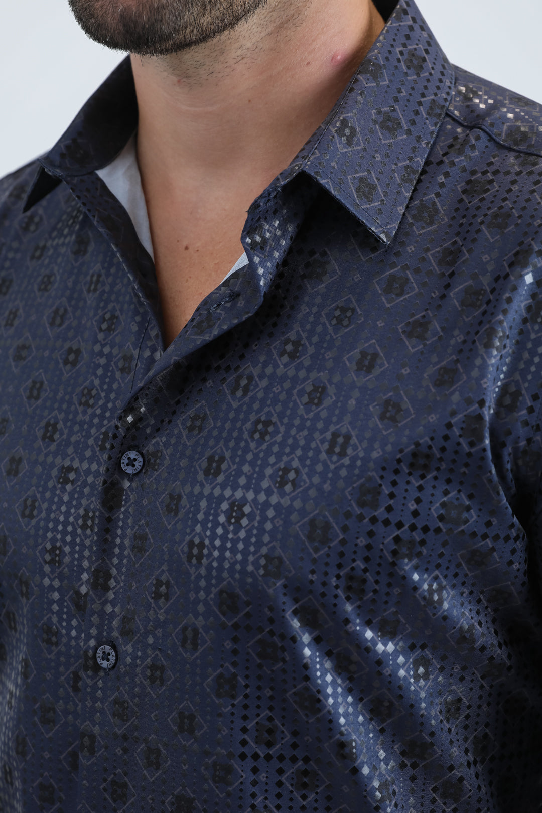 Mens Modern Fit Stretch Foil Fashion Navy Shirt
