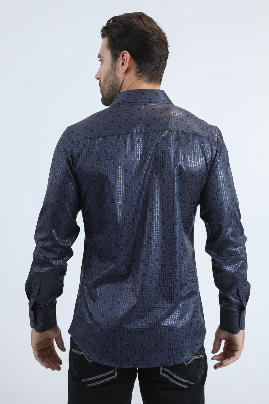 Mens Modern Fit Stretch Foil Fashion Navy Shirt
