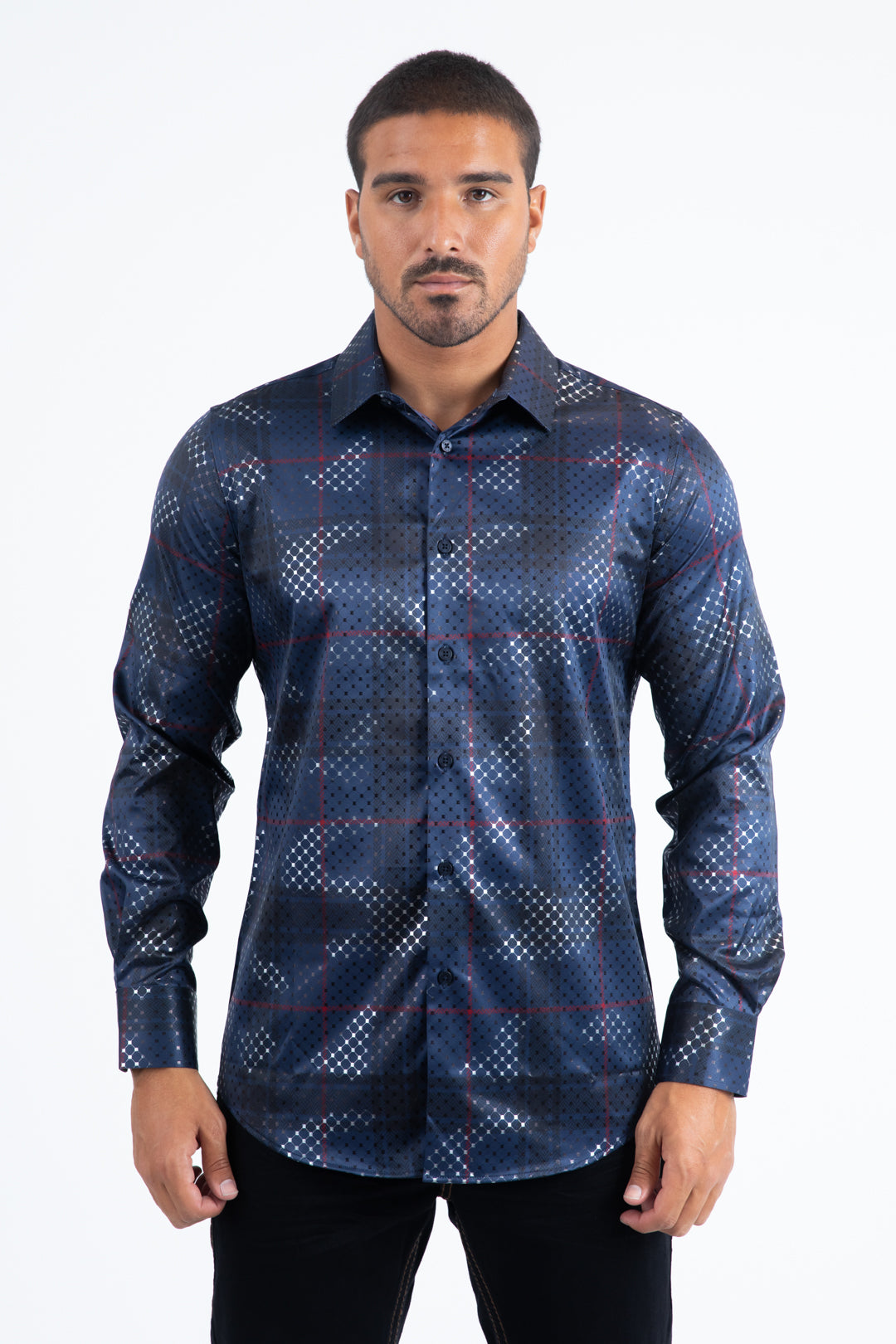 Blue Modern Fit Stretch Foil Fashion Shirt Men