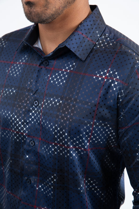 Blue Modern Fit Stretch Foil Fashion Shirt Men