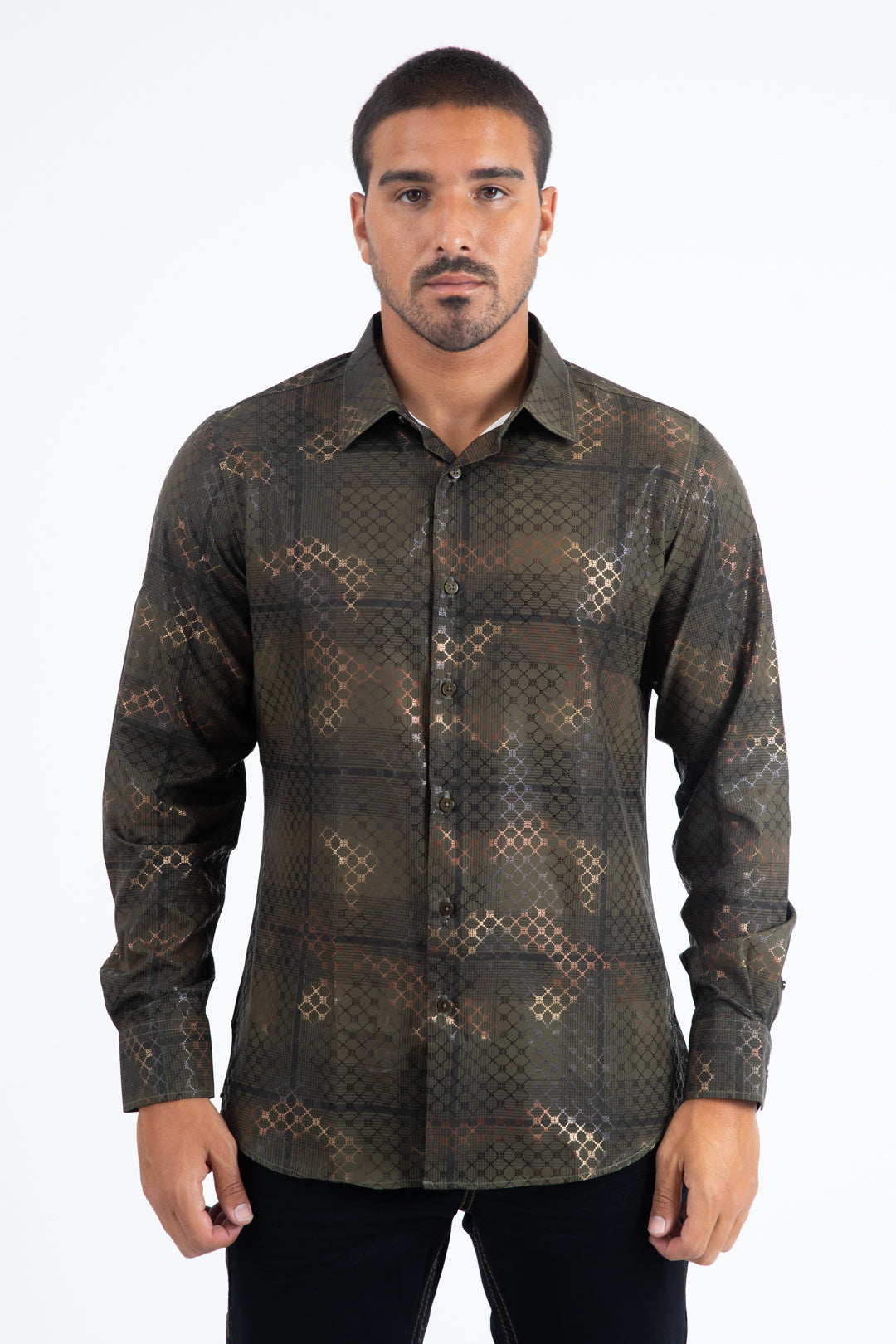 Mens Modern Fit Stretch Foil Fashion Olive Shirt