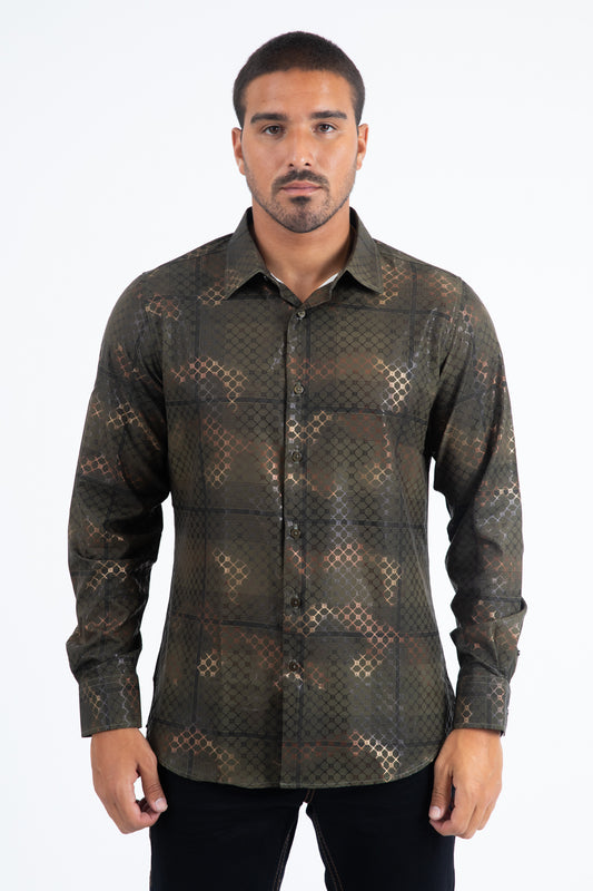 Mens Modern Fit Stretch Foil Fashion Olive Shirt