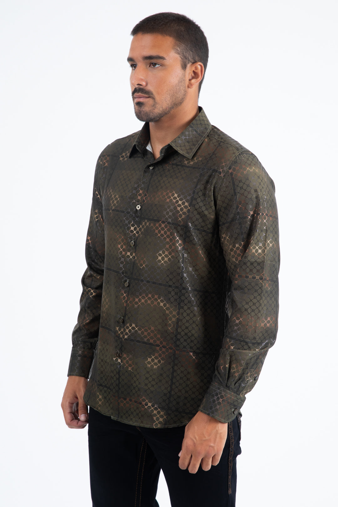 Mens Modern Fit Stretch Foil Fashion Olive Shirt