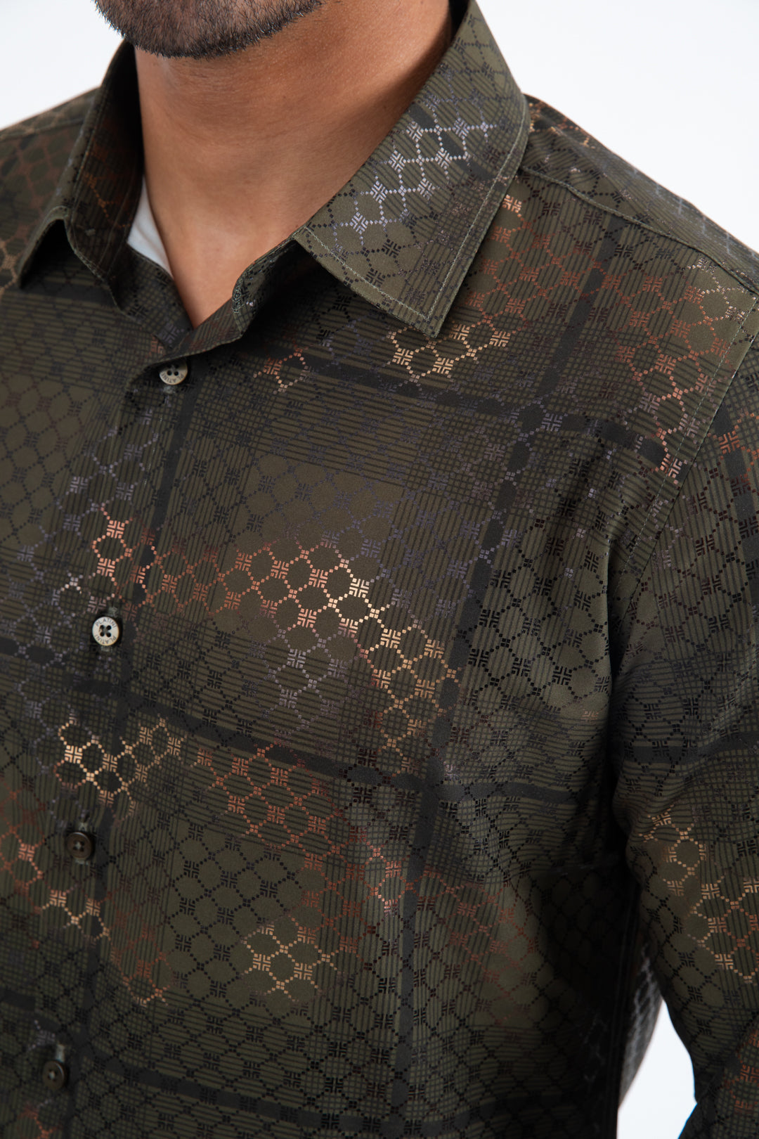 Mens Modern Fit Stretch Foil Fashion Olive Shirt