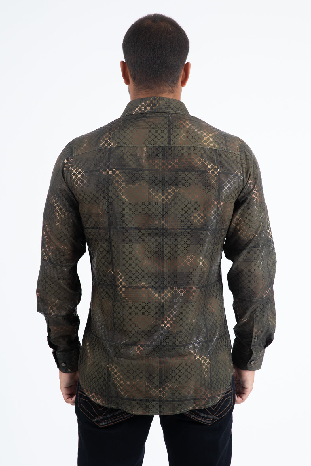 Mens Modern Fit Stretch Foil Fashion Olive Shirt