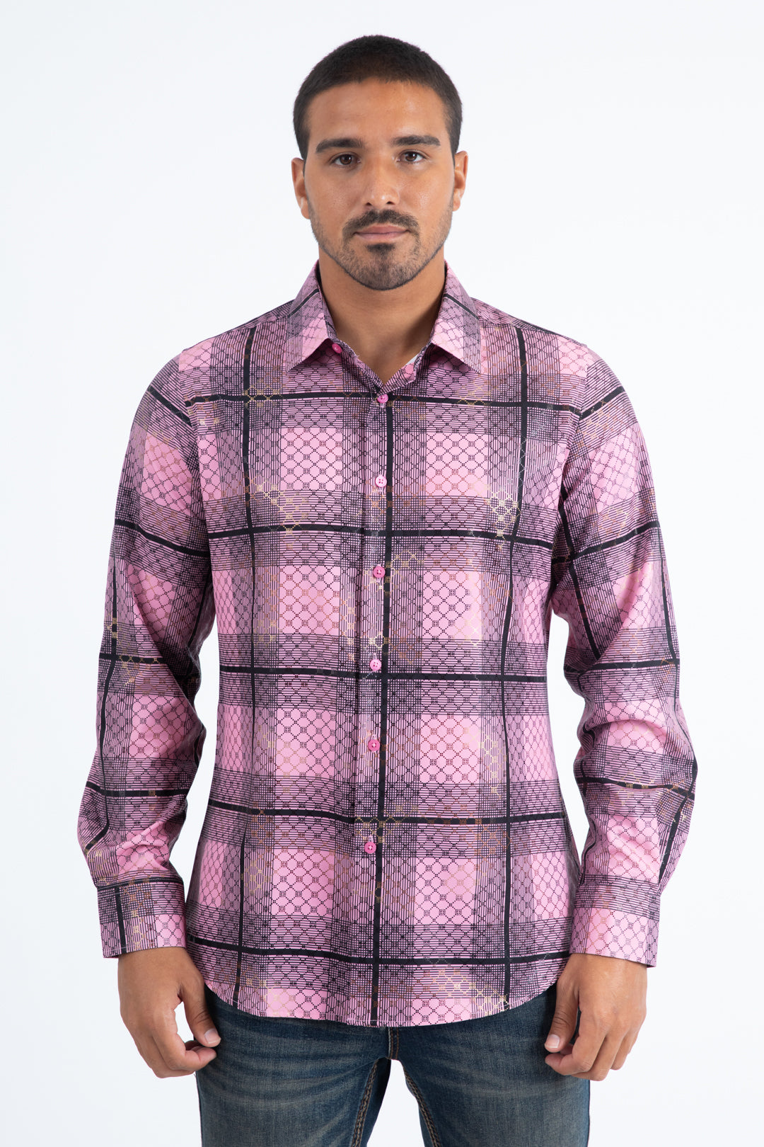 Mens Modern Fit Stretch Foil Fashion Pink Shirt