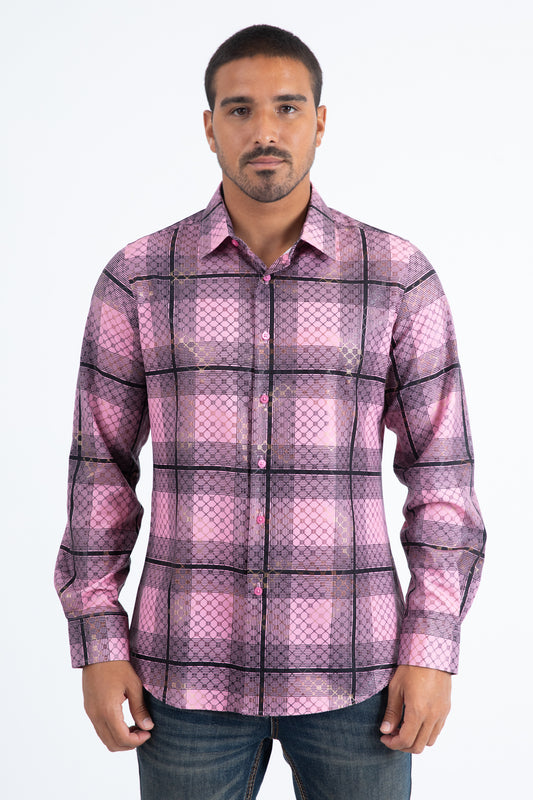Mens Modern Fit Stretch Foil Fashion Pink Shirt