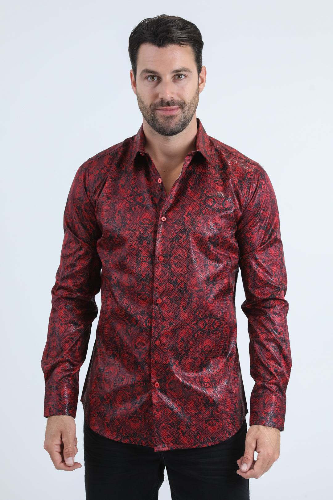 Mens Modern Fit Stretch Foil Fashion Red Shirt