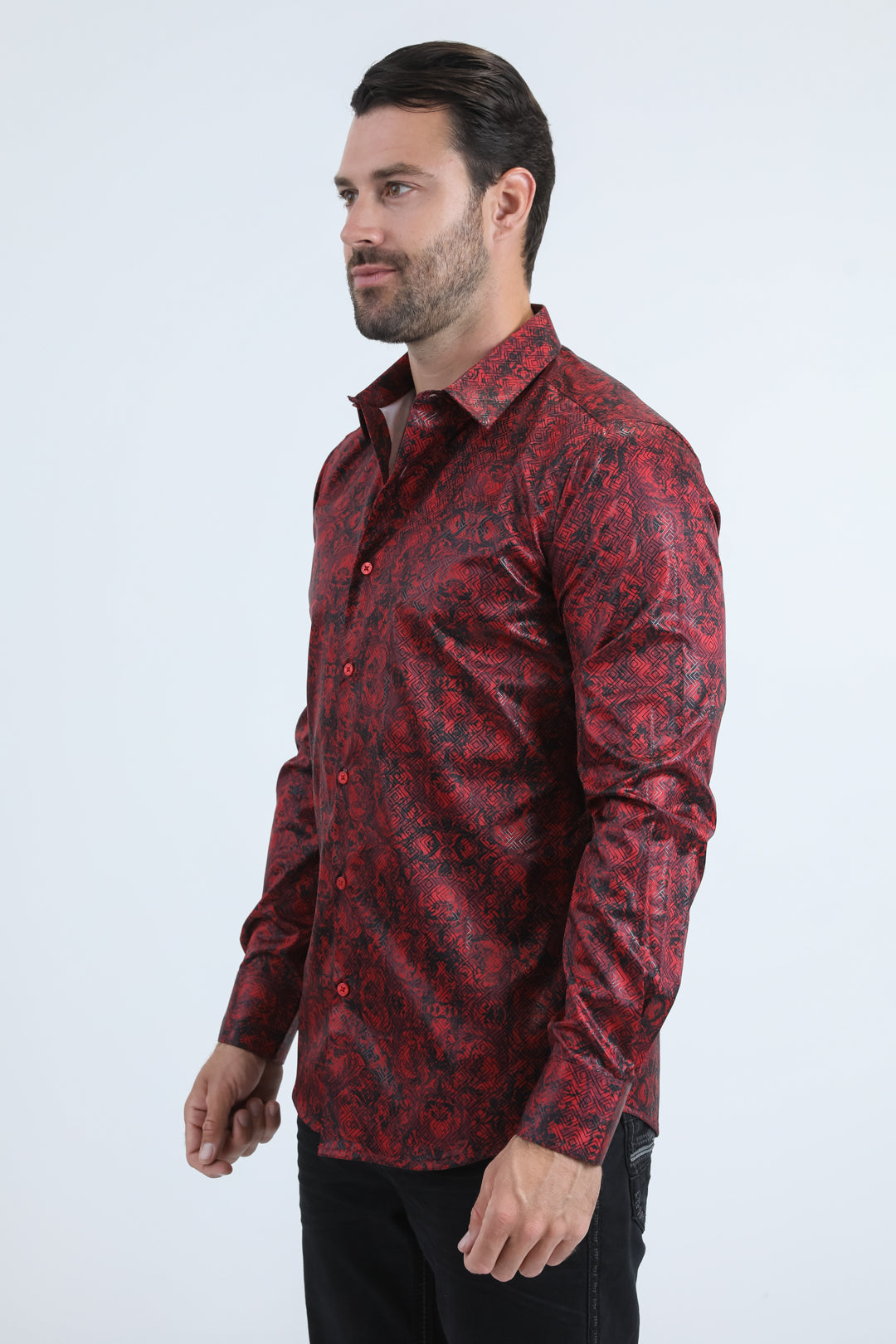 Mens Modern Fit Stretch Foil Fashion Red Shirt