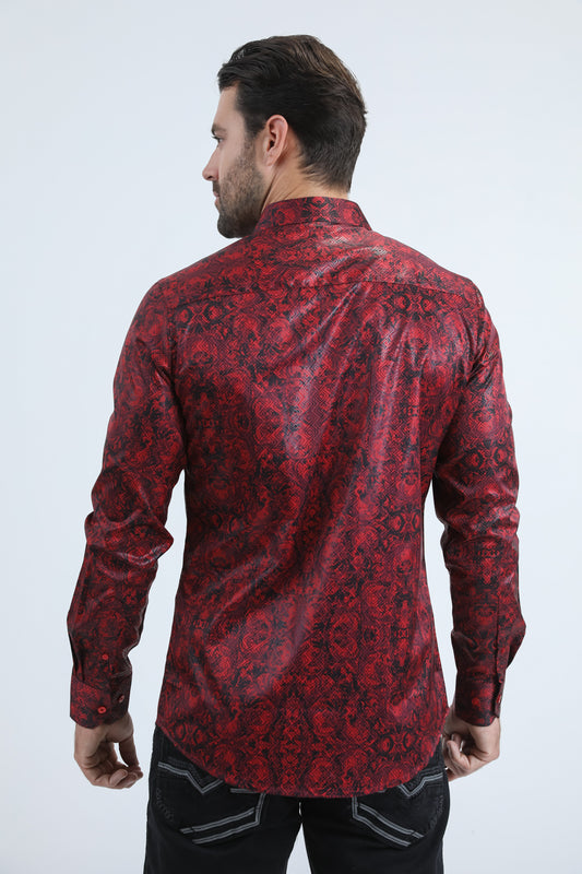 red technical grid foil shirt men platini detail