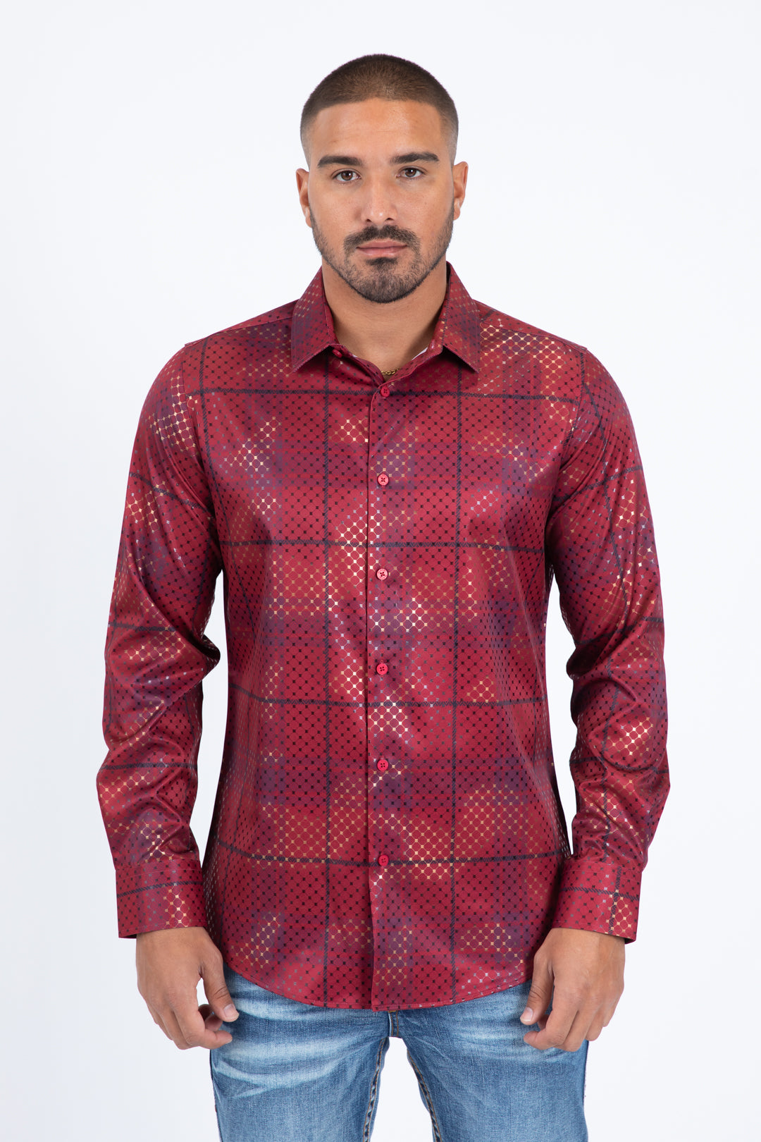 Red Modern Fit Stretch Foil Fashion Shirt Men