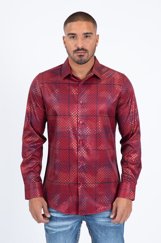 Red Modern Fit Stretch Foil Fashion Shirt Men