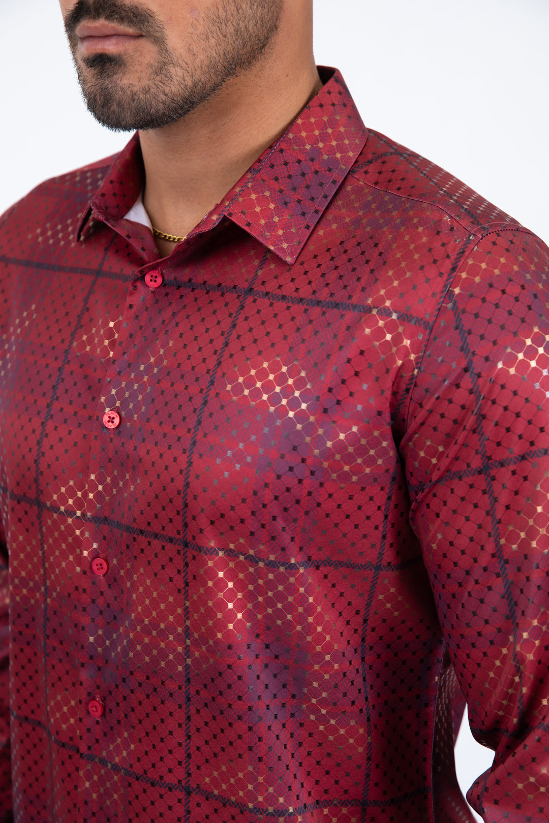 Red Modern Fit Stretch Foil Fashion Shirt Men